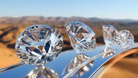 Sparkling clear diamonds on reflective silver surface against desert landscape background, showcasing luxury jewelry and precious gemstone brilliance.
