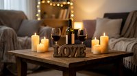 Romantic candlelit living room with wine glasses, red wine bottle, glowing candles, and a wooden LOVE sign on a cozy table for Valentine's Day.