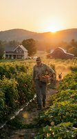 Senior farmer harvesting fresh vegetables at sunset in rural countryside with traditional farmhouse and barn in golden hour light for organic agriculture.