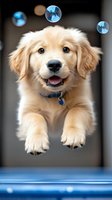 Playful Golden Retriever puppy jumping with soap bubbles floating around, wearing blue collar. Close-up portrait shows happy expression and soft cream fur against blurred background.
