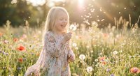 Young blonde woman laughing joyfully in wildflower meadow during golden hour sunset with warm sunlight and bokeh effects for lifestyle content.