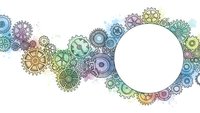 Colorful mechanical gears and cogs border with white circle space for text on transparent background. Industrial steampunk design elements frame.