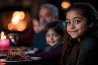 Hispanic girl smiling at festive dinner table with family members and glowing candle creating warm atmosphere during holiday celebration meal gathering.