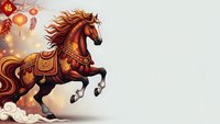Ornate brown horse with golden decorations leaping through clouds with red lanterns and traditional symbols on beige background for lunar celebration.