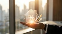 Businessman hand holding glowing house icon with percentage symbol and upward arrows against city skyline background representing mortgage rates and property investment growth.