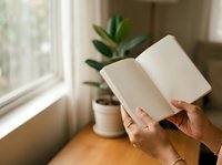 Open notebook with blank pages held by person with dark skin tone near sunny window, potted green plant visible, wooden surface, natural daylight, journaling and writing concept.