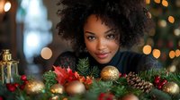 Young African American woman with natural curly hair smiling among Christmas decorations, golden ornaments, pine cones and festive lights creating warm holiday atmosphere.