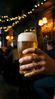 Person holding cold beer glass with foam head at outdoor bar or pub with warm string lights in background at night.