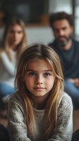 Young girl with blue eyes and long blonde hair wearing cozy knit sweater poses naturally at home while parents sit in background. Family lifestyle portrait with soft focus.