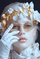 Young woman with platinum blonde hair wearing gold-rimmed glasses, white gloves, and golden leaf crown with white flowers against dark background. Ethereal fashion portrait.