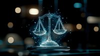 Glowing holographic scales of justice with wireframe effect floating over dark reflective surface against blurred city lights background. Digital law concept.