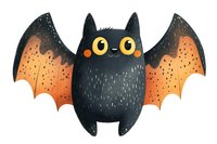 Cute black bat with orange wings and yellow eyes on white background, watercolor style illustration for Halloween designs and children decoration.