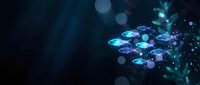 Glowing blue and teal bioluminescent organisms floating in dark water with sparkling light effects and bokeh background for science fantasy designs.