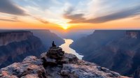 Person meditating on rocky cliff overlooking canyon river at golden sunrise with dramatic clouds and layered rock formations creating peaceful landscape.