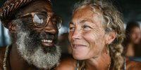 Happy elderly interracial couple laughing together outdoors, African American man with beard and Caucasian woman showing genuine joy and love in golden light.