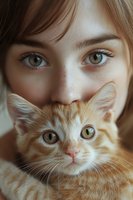 Close-up portrait of young woman with green eyes holding ginger kitten with matching eyes, creating tender emotional connection between pet and owner.