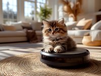 Adorable fluffy kitten sitting on robotic vacuum cleaner in bright modern living room with natural sunlight streaming through windows.