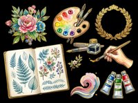 Artist supplies and botanical elements collection isolated on transparent background, ready for t-shirt design, clipart, stickers, print-on-demand products, and sublimation projects.