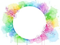Colorful watercolor splash frame with floral elements and white circle space for text or design. Rainbow gradient background for creative projects.