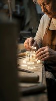 Senior male craftsman with weathered hands arranging wooden blocks at workbench in carpentry workshop, demonstrating traditional woodworking skills and handmade craftsmanship.
