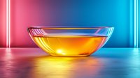 Glass bowl with golden liquid on reflective surface against vibrant pink and blue neon background, creating modern minimalist composition with dramatic lighting effects.