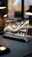 Futuristic holographic financial dashboard displaying global market data with glowing charts and graphs on modern office desk for business analytics presentations.