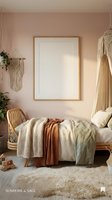 Cozy boho bedroom interior with wooden bed frame, macrame wall hangings, neutral textiles and blank poster frame for mockup design projects.