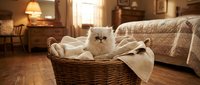 White fluffy cat sitting in wicker basket with blanket in cozy bedroom interior with warm lighting and wooden furniture.