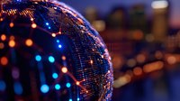 Glowing digital globe with connected network points showing world connectivity against blurred city lights background in orange and blue colors. Modern technology concept.