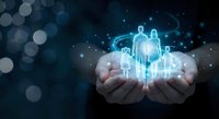 Cupped hands holding glowing blue holographic family figures with connecting network lines against dark bokeh background for digital protection concepts.