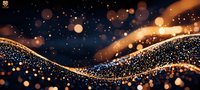 Glowing golden waves with sparkling particles and bokeh lights on dark background create magical festive atmosphere for luxury design projects.