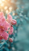 Pink orchid flowers with soft bokeh background and warm sunlight creating dreamy atmosphere for spa wellness meditation and relaxation concepts.