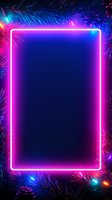 Glowing neon pink and blue rectangular frame surrounded by pine branches and festive lights creating magical winter holiday atmosphere with copy space.