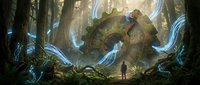 Silhouetted figure stands before massive ancient portal with glowing blue energy streams in mystical forest environment, surrounded by towering trees and overgrown vegetation for fantasy game and concept art.