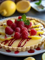 Fresh lemon tart garnished with ripe raspberries and mint leaves on white plate, drizzled with raspberry sauce, close-up view of homemade dessert.