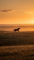 Wild horse running across golden prairie grassland during dramatic sunset with warm orange sky and rolling hills in background.