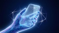 Futuristic holographic hand holding transparent smartphone with glowing blue digital network connections on dark background for tech presentations.