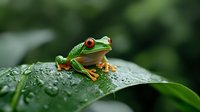 Red-eyed tree frog perched on wet green leaf with water droplets, vibrant amphibian in natural rainforest habitat showing distinctive features and striking colors.