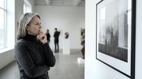Mature Caucasian woman with gray hair contemplating abstract artwork in modern gallery space with natural lighting and contemporary exhibition display.