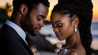 African American couple in elegant formal wear sharing intimate moment during golden hour sunset by ocean for wedding photography.