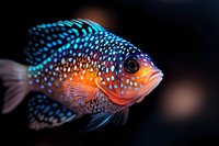 Vibrant orange and blue spotted African cichlid fish swimming against dark background, macro underwater photography showing detailed scales and patterns.
