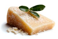 Fresh parmesan cheese wedge with olive leaves garnish and grated cheese crumbs on white background, macro food photography for gastronomy and cuisine.