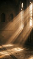 Dramatic sunlight streaming through gothic cathedral windows creating golden rays and shadows on ancient stone floor for spiritual meditation concepts.
