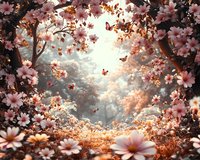 Magical spring garden path framed by blooming pink cherry blossoms and daisies, with butterflies flying through sunlit morning mist creating dreamy atmosphere.