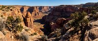 Dramatic red rock canyon landscape with towering sandstone formations and desert vegetation under clear blue sky in American Southwest wilderness area.