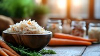 Fermented sauerkraut in wooden bowl with fresh carrots and dill on rustic wooden table, glass jars in background, natural probiotics and healthy food.