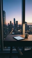 Modern workspace with tablet and coffee cup on wooden desk overlooking illuminated city skyline at dusk from high-rise office window, suitable for business and technology concepts.