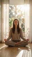 Young woman meditating in lotus position at home by sunny window with soft natural light creating peaceful morning wellness atmosphere for mindfulness practice.