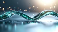 Abstract turquoise wave formation with glowing particles and light effects reflecting on smooth surface creates futuristic atmospheric background for tech designs.