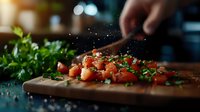 Fresh diced tomatoes and herbs on wooden cutting board with hands seasoning in dark moody kitchen setting, water droplets and spices falling.